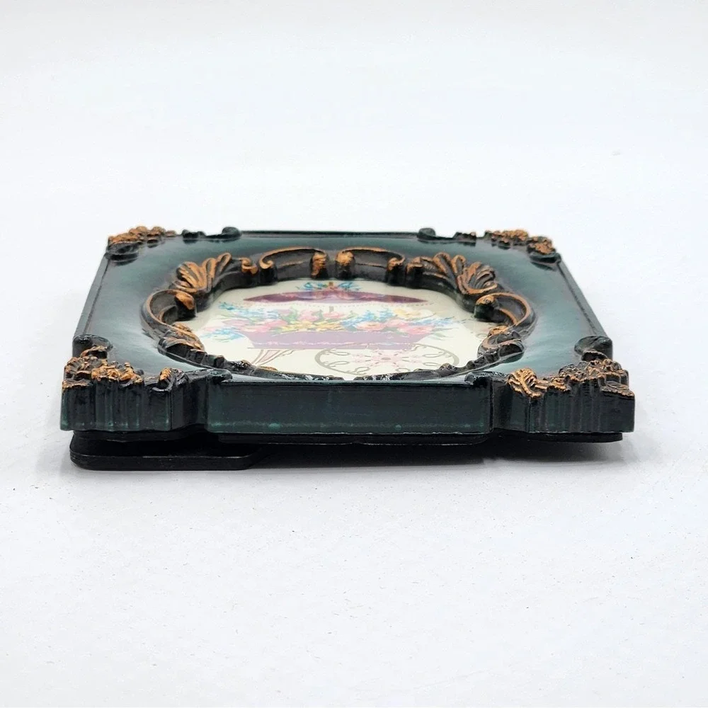 Vintage Ornate Green Baroque Resin Photo Frame Antiqued Gold Accents 5x3.5